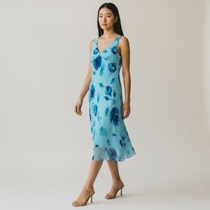 Vintage Johnnie M 90s Babydoll Floral Midi Dress Blue Roses Y2K